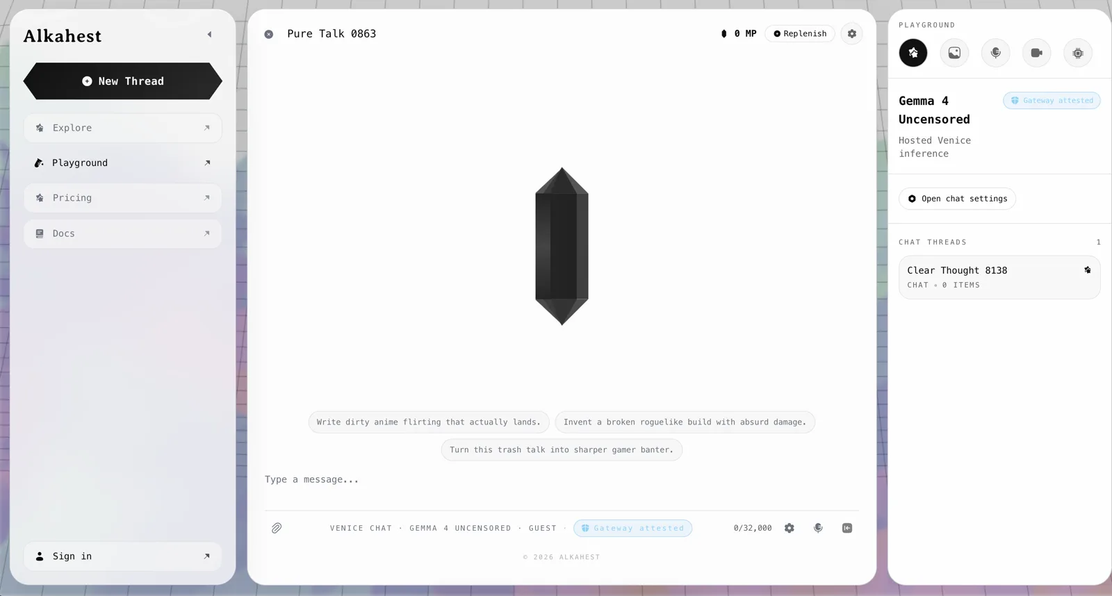 Alkahest app interface with private chat thread, model panel, and attestation badge
