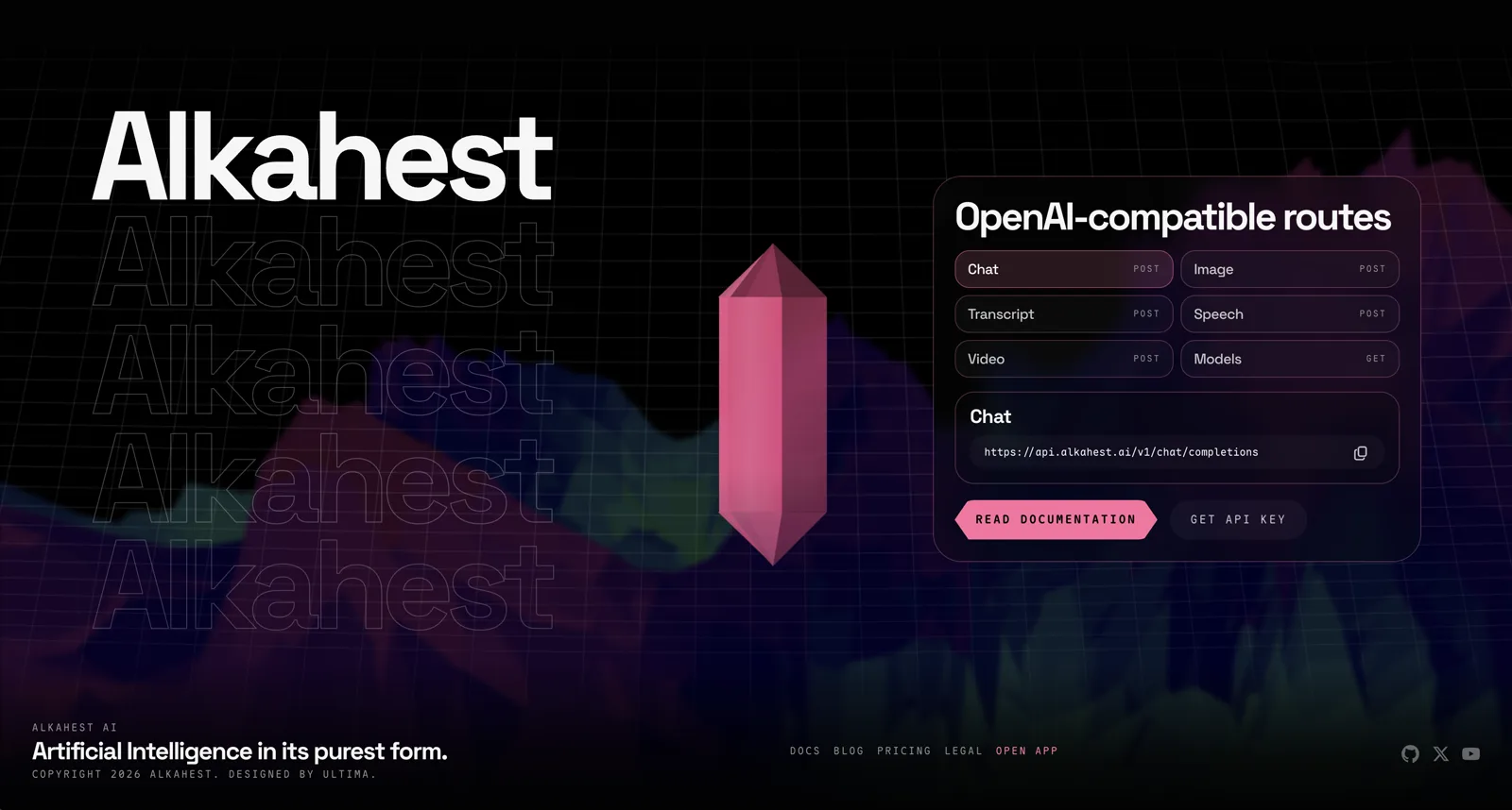 Alkahest landing page section showing OpenAI-compatible API routes