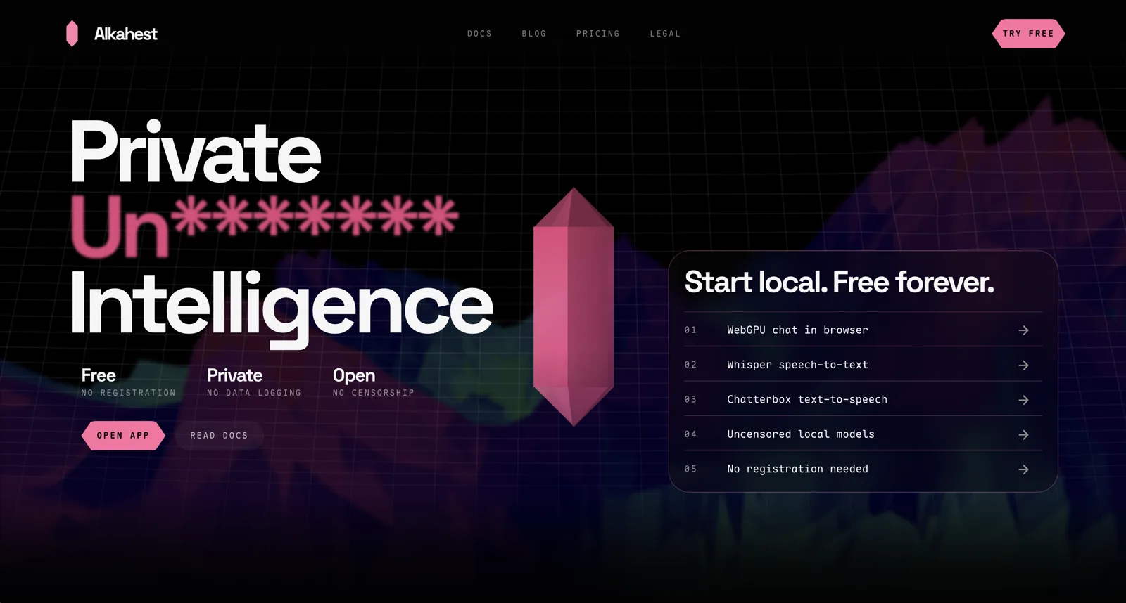 Alkahest landing page hero advertising private intelligence and browser-local AI