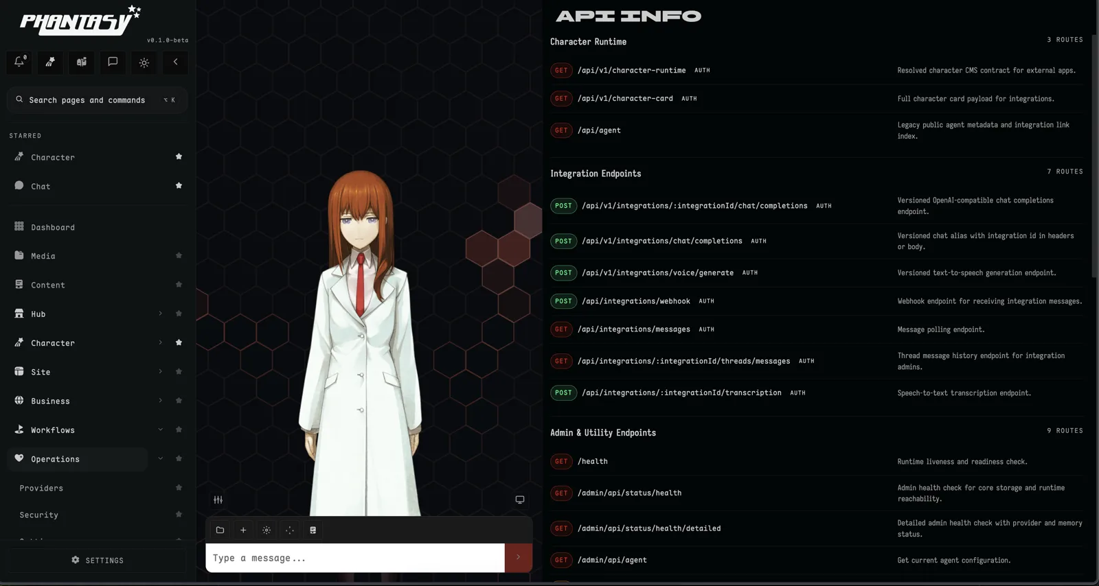 Phantasy operator UI showing character runtime API routes and a character chat surface