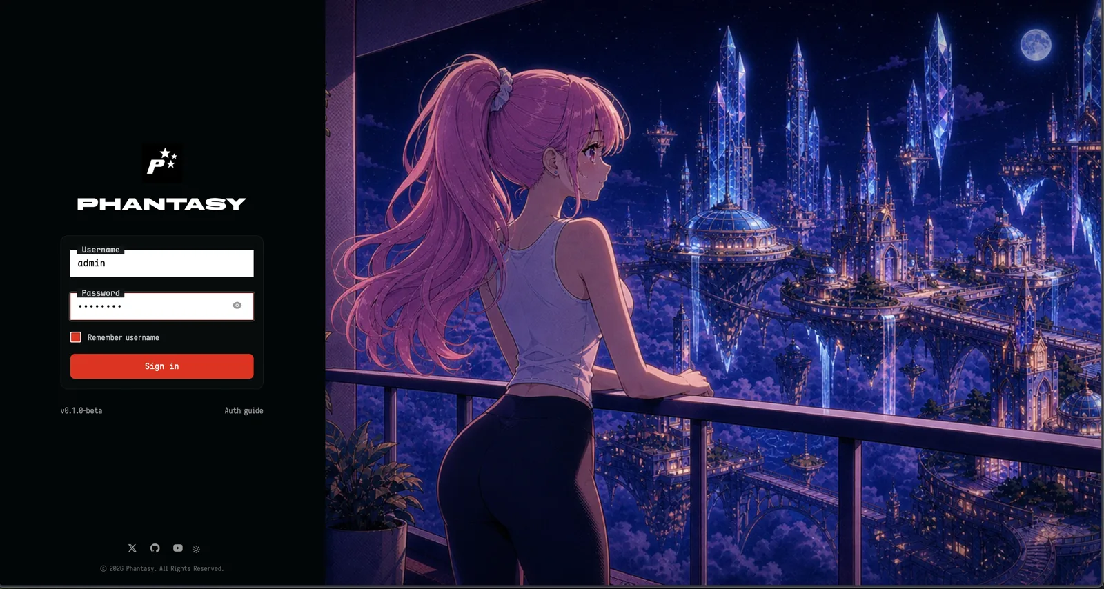 Phantasy login page with branded auth panel and character artwork