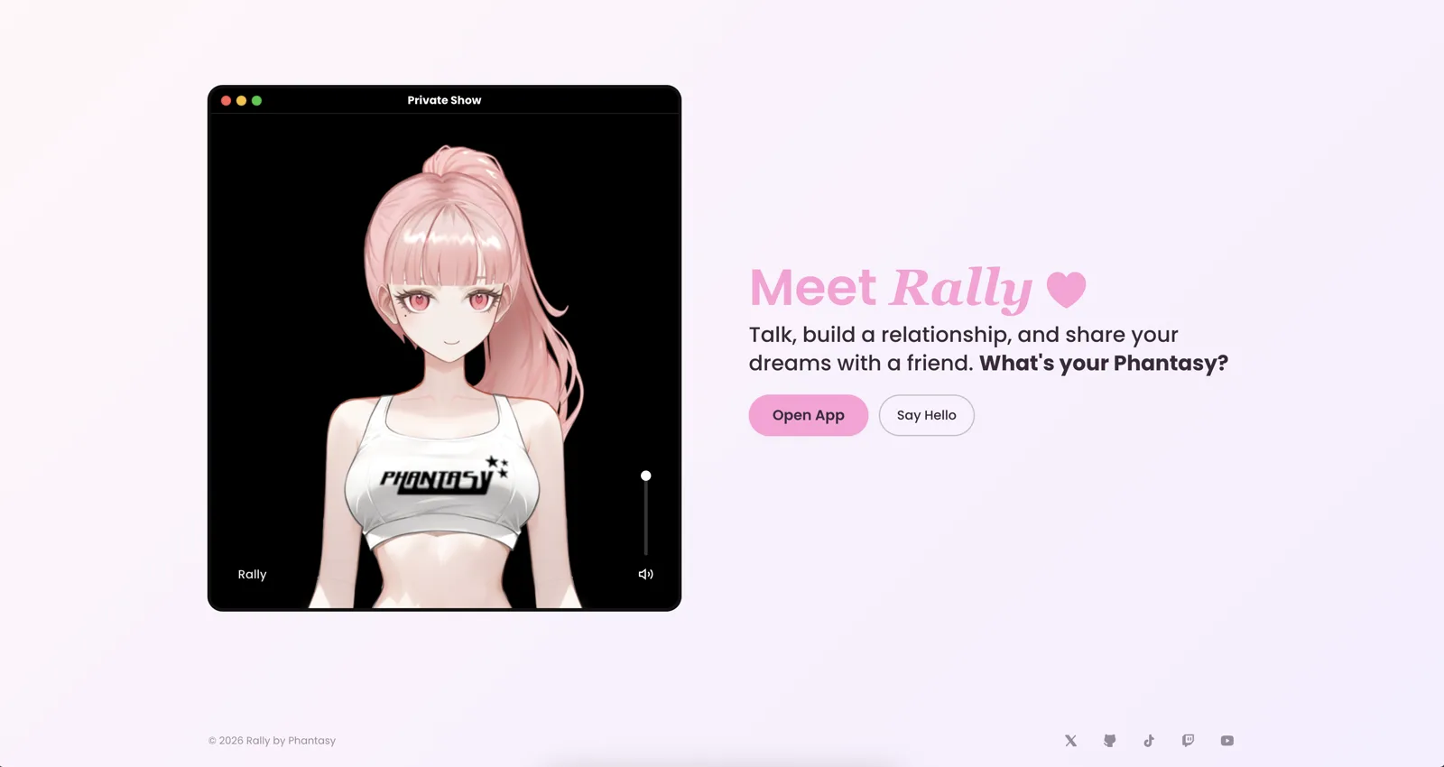 Rally landing page showing the Live2D character product surface
