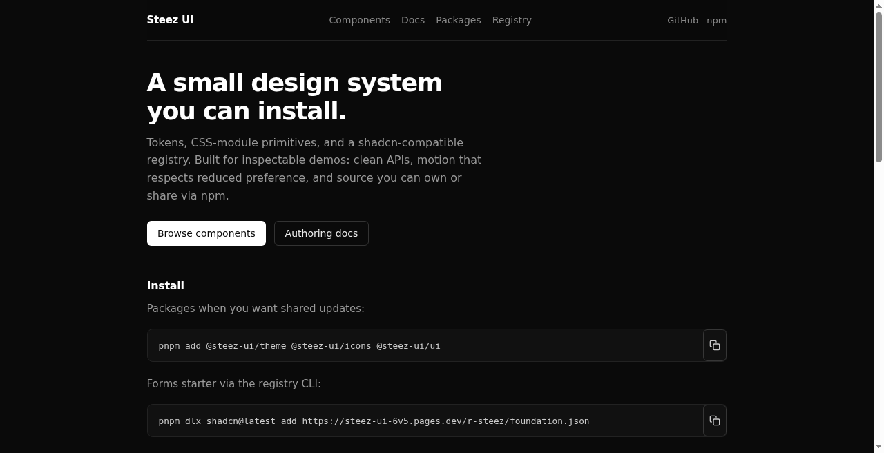 SteezUI docs homepage overview
