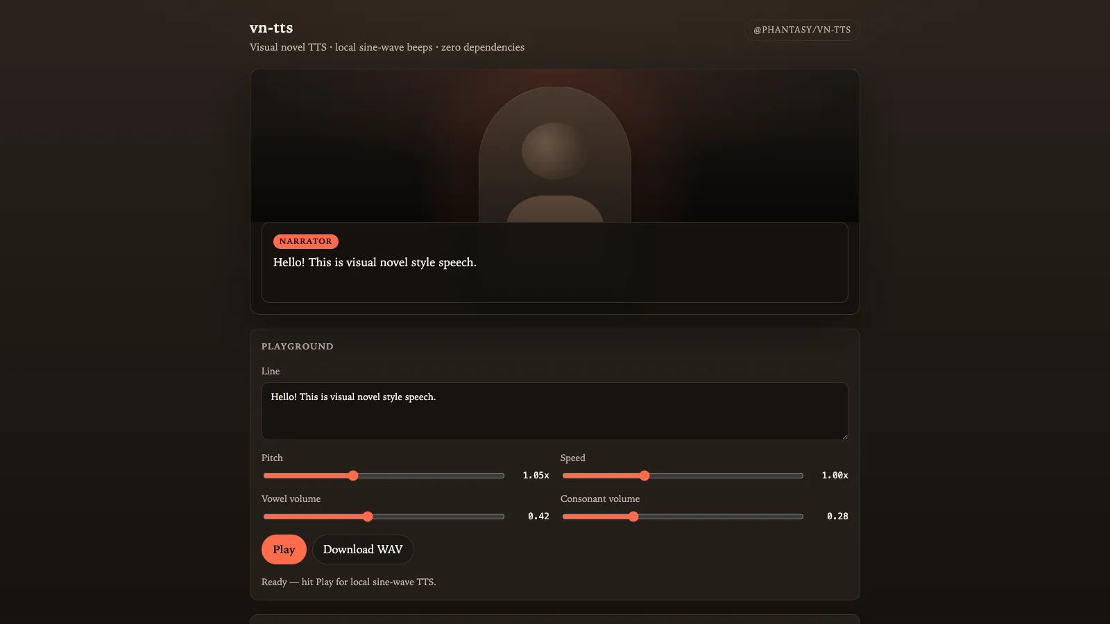 vn-tts playground with visual novel dialogue box and local TTS controls